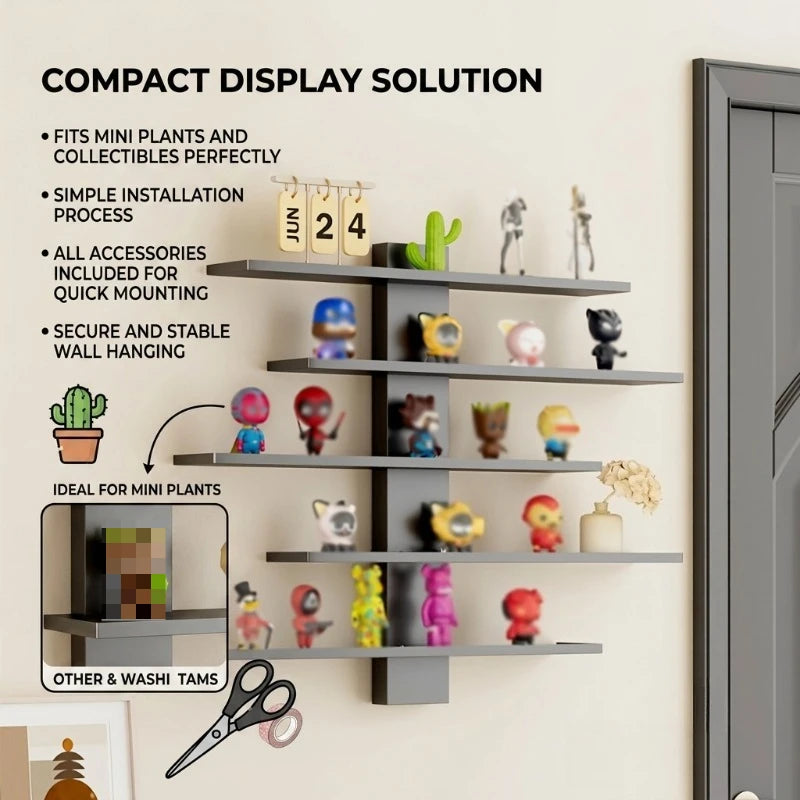 A set of four floating wall shelves displaying various small toys and plants for a compact display solution.