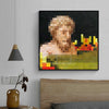 A dark pixel art painting of a classical figure with fiery background elements.