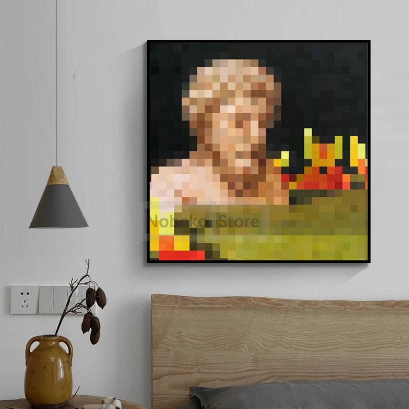 A dark pixel art painting of a classical figure with fiery background elements.