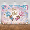 A pink and blue gender reveal backdrop featuring balloons, clouds, and teddy bears with gold stars.