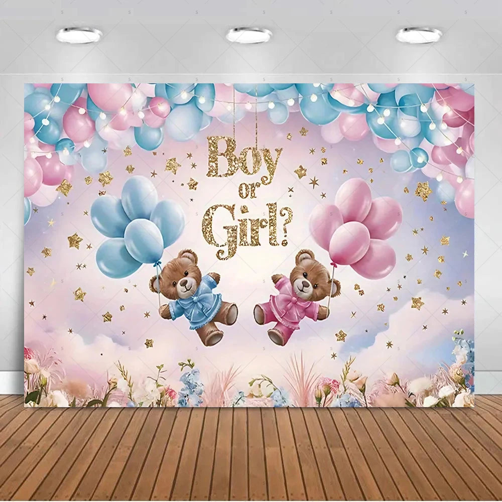 A pink and blue gender reveal backdrop featuring balloons, clouds, and teddy bears with gold stars.