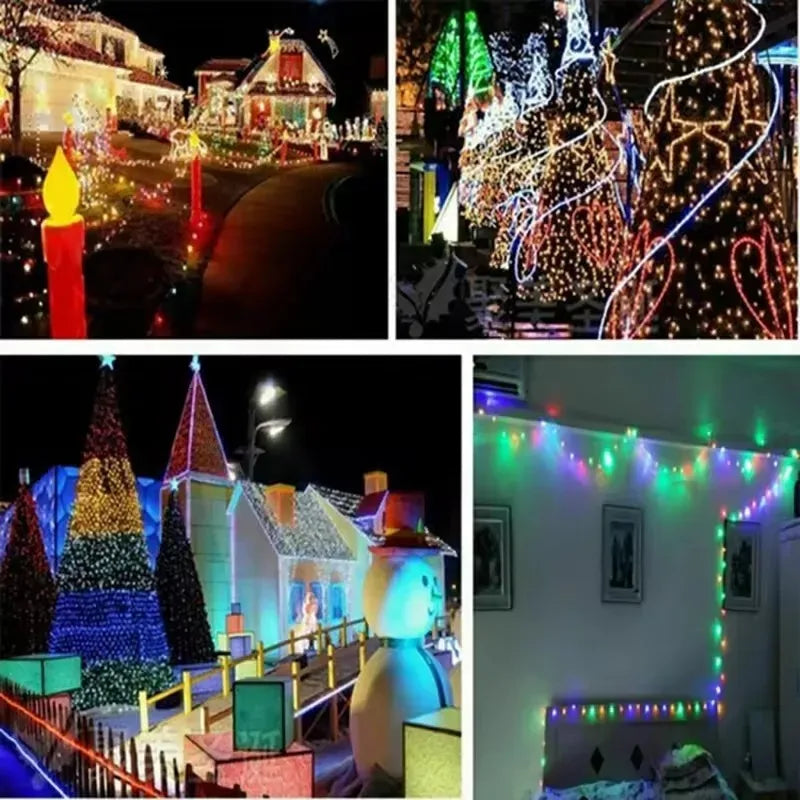 A collage of festive string lights, including outdoor displays and indoor decorations for cozy ambiance.