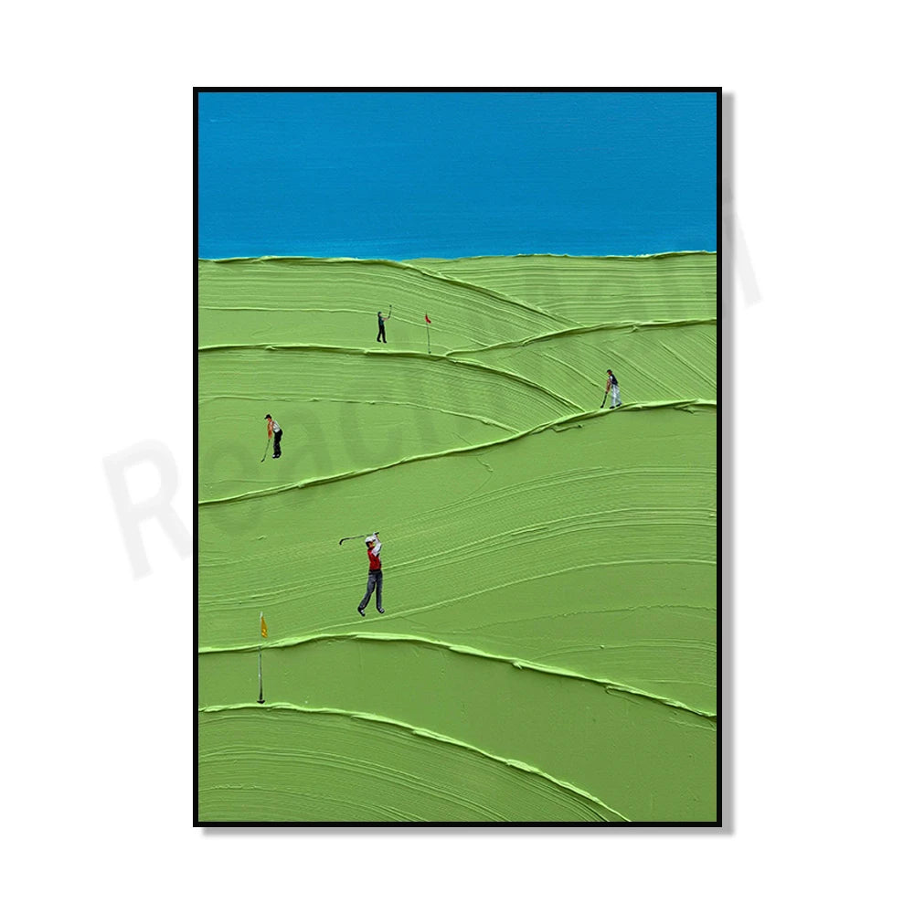Abstract canvas art depicting a bright green, rolling golf course under a clear blue sky with small figures playing.