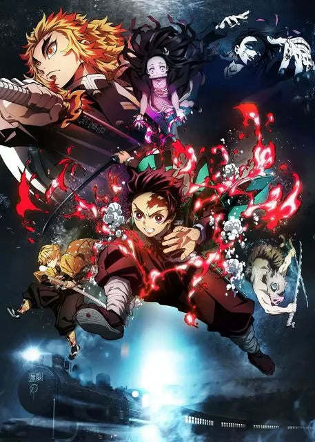 A dynamic illustration featuring characters from Demon Slayer, including Kyojuro Rengoku, in a vibrant, action-packed style.