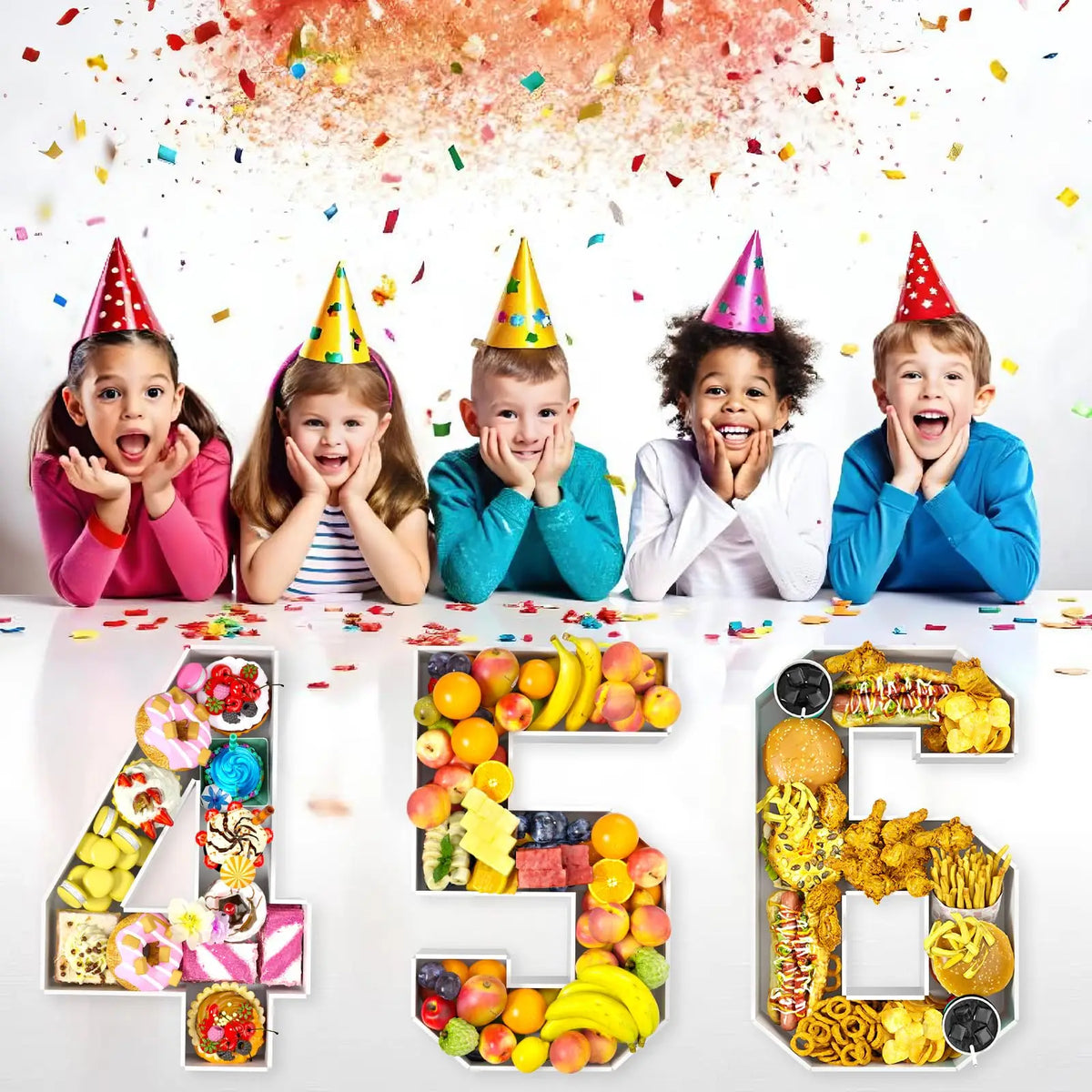 Fillable cardboard numbers 456 arranged in a party tray with colorful confetti and streamers