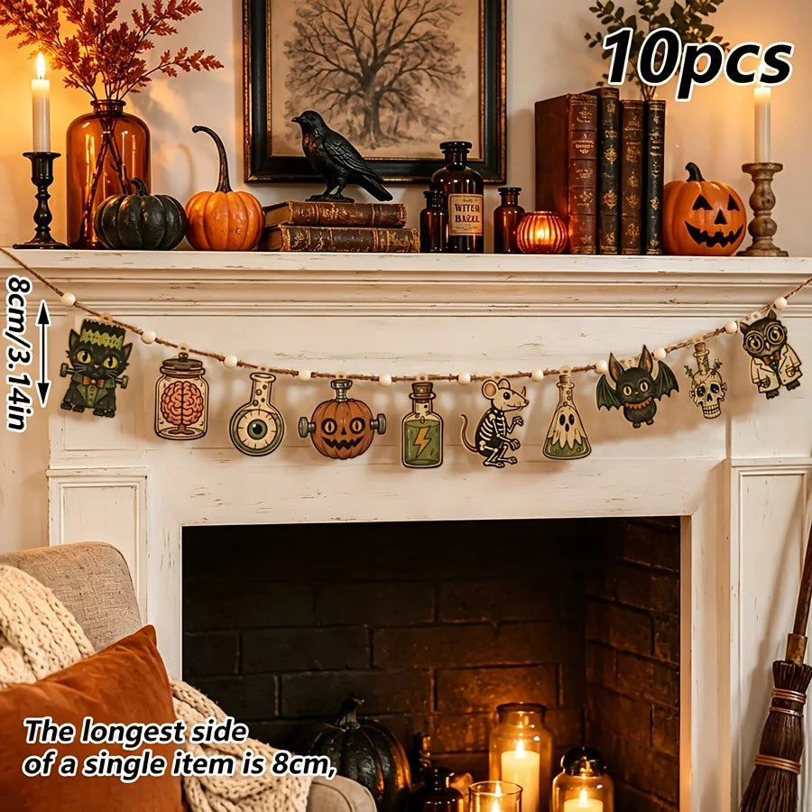 A decorative vintage wooden Halloween flag set featuring pumpkins, ghosts, and moons displayed above a fireplace mantel.