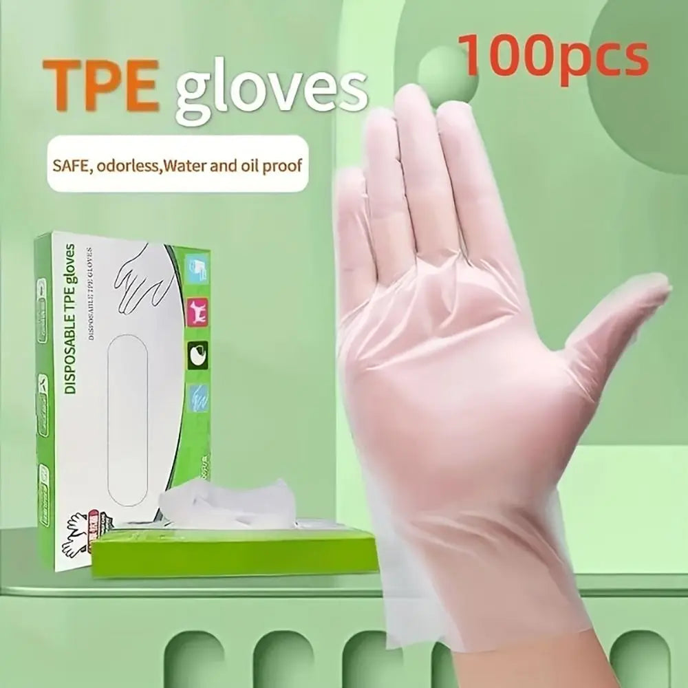 A hand wearing a pink disposable TPE glove is shown next to a box of 100 pairs of safety gloves.