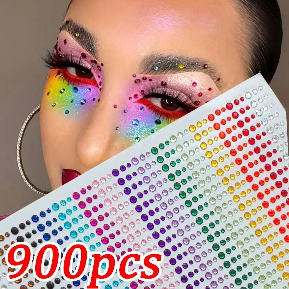 Close-up of a woman applying colorful glitter gem stick-on facial tattoos to her eye area.