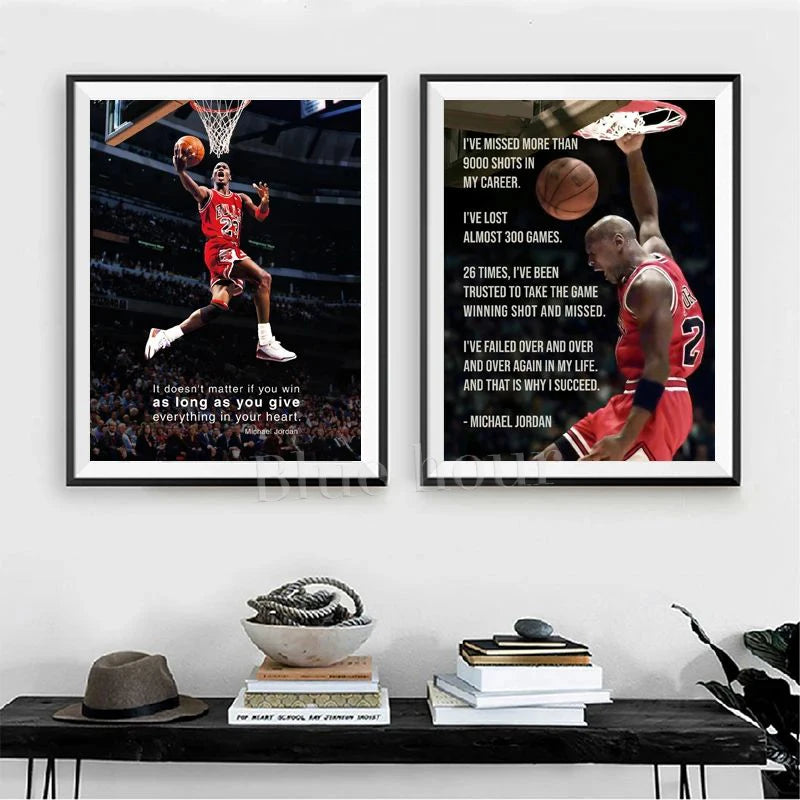 Two framed canvas wall art pieces featuring Michael Jordan performing a slam dunk.
