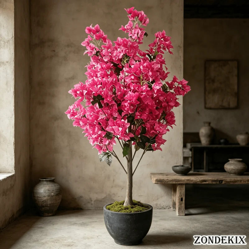 Leuchtend rosa künstlicher Bougainvillea-Baum in dunker Topf in Innenraum vor strukturierter Wand.