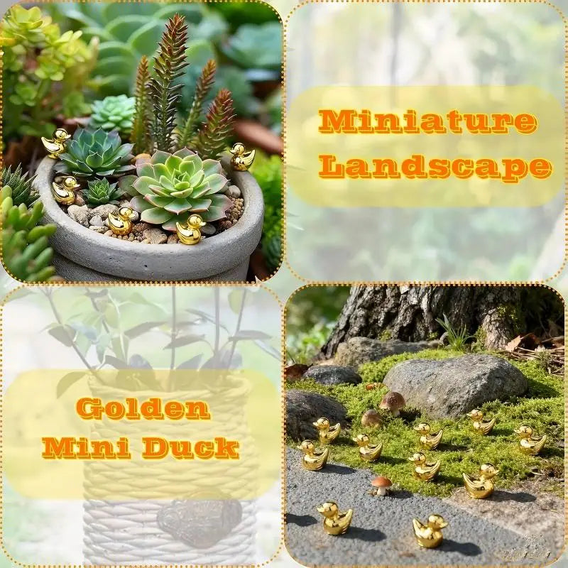 A miniature landscape featuring golden duck resin statues in a potted succulent garden.