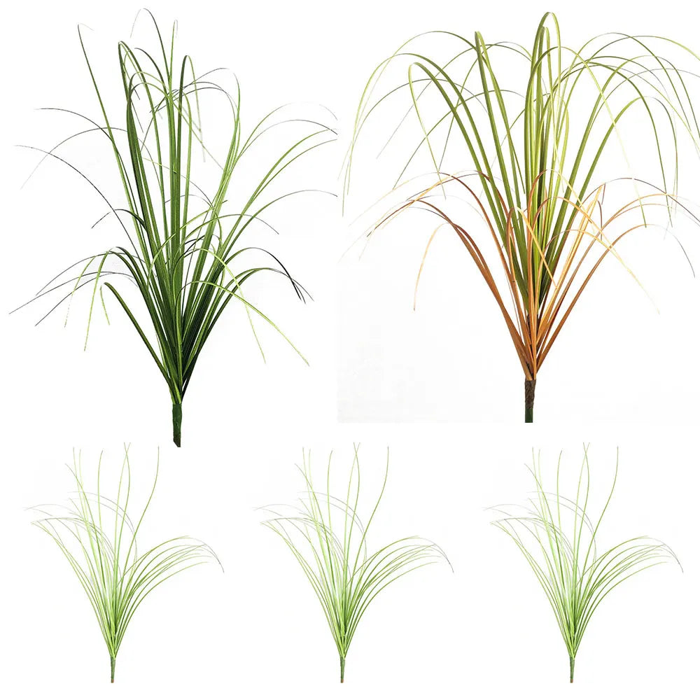 Three bundles of artificial grass greenery showing different shades of green and brown.