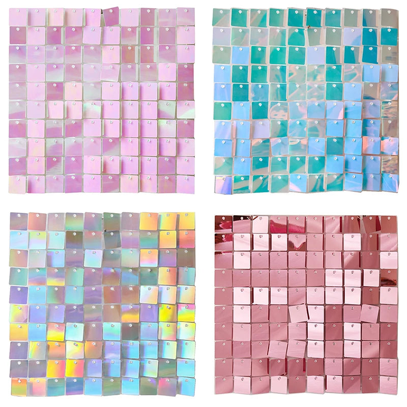 A grid of iridescent sequin shimmer wall panels in various pastel and holographic colors.