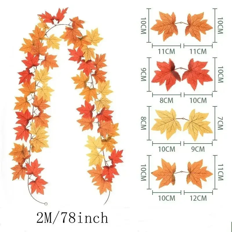 Artificial autumn maple leaf vine with varying orange and yellow colors shown in various sizes.