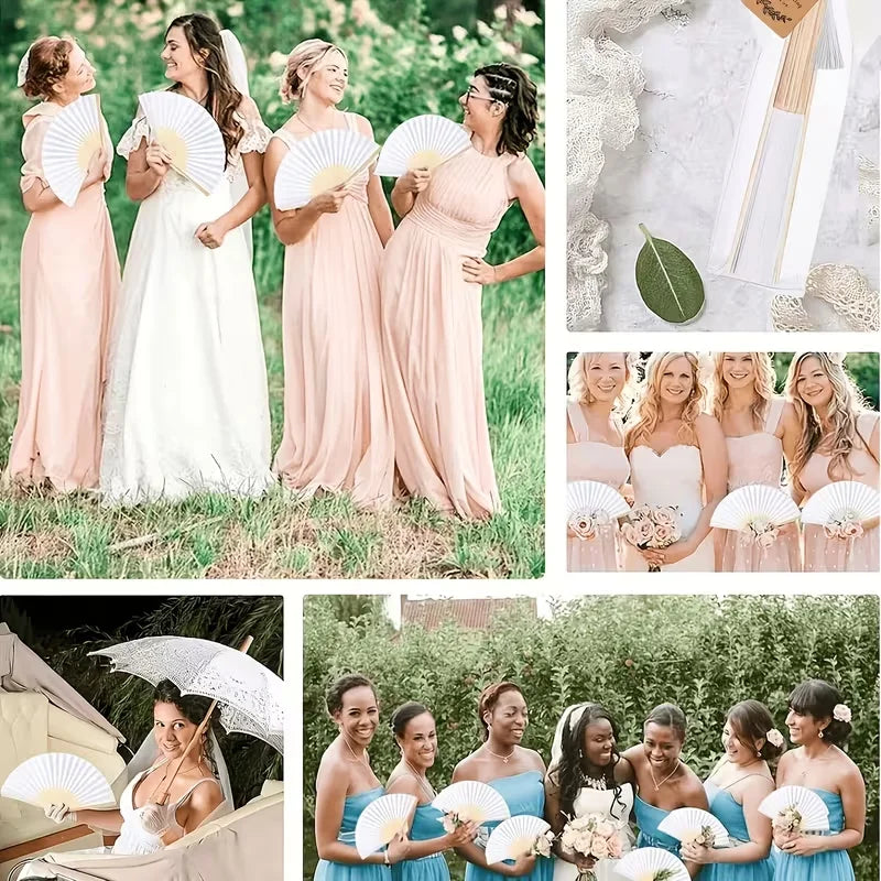 Five women in pink and white dresses hold bamboo folding fans for calligraphy and decor