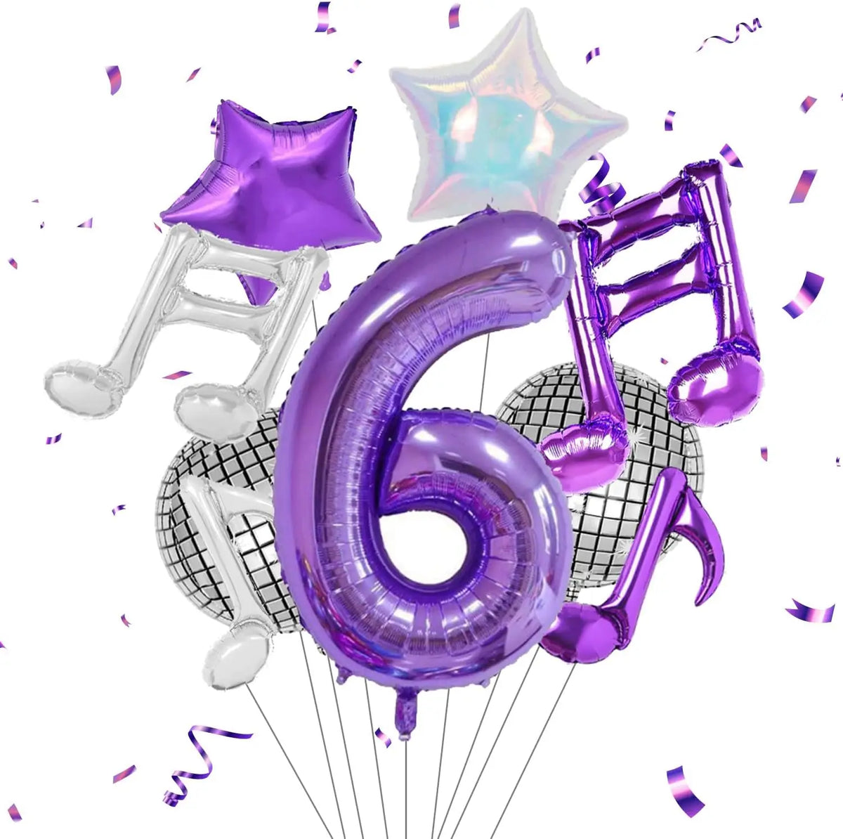 A set of purple musical number balloons, including a star and the number six.