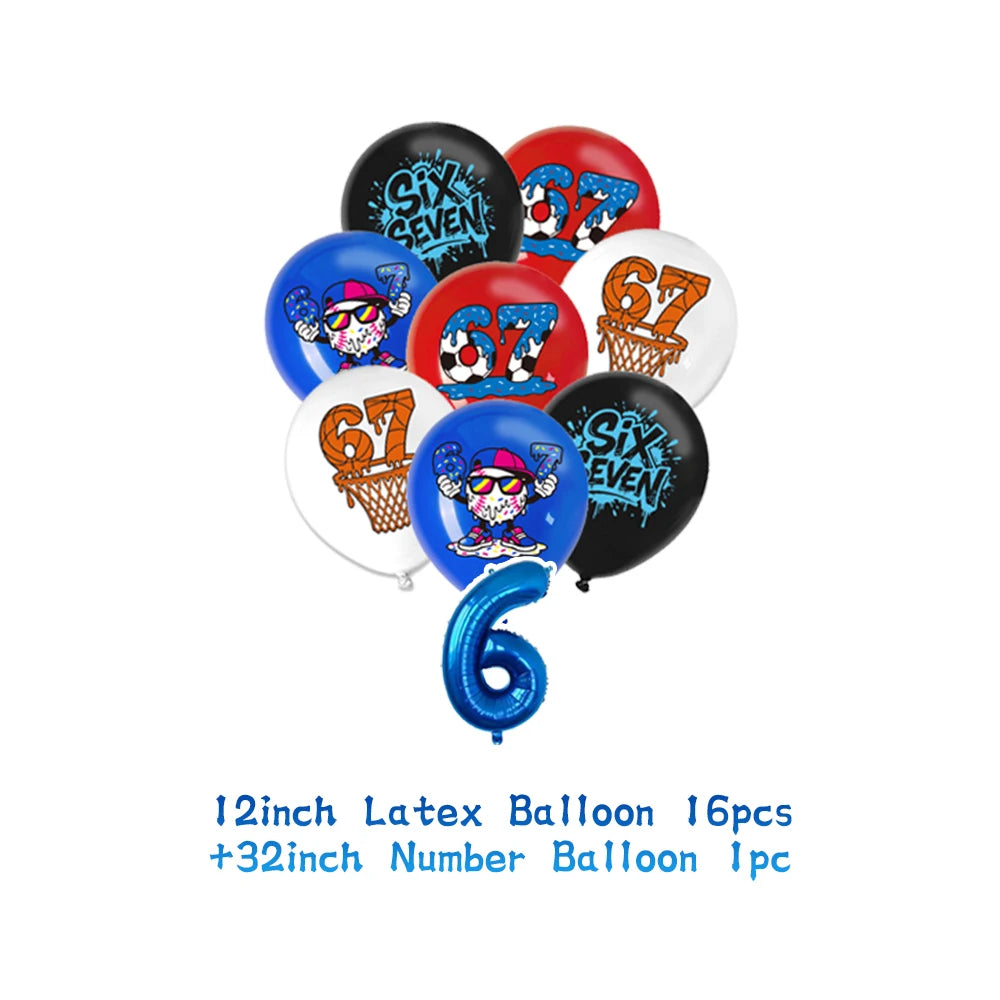 A set of six latex balloons featuring numbers 6 and 7 for a birthday party decoration.