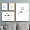 A set of three framed canvas wall art prints featuring inspirational Bible verses and the word love