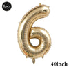 A large, gold foil number balloon shaped like the number 6, measuring 40 inches.