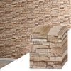A close-up view of 3D foam brick wallpaper panels in a beige and brown stacked stone pattern.