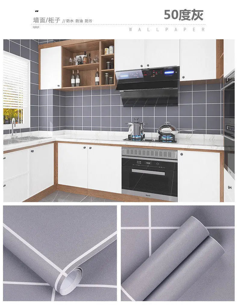 A close-up view of 50-degree waterproof oil-proof kitchen wallpaper rolls and installed panels.