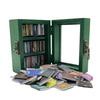 A dark green wooden display cabinet with glass doors showing rows of books.