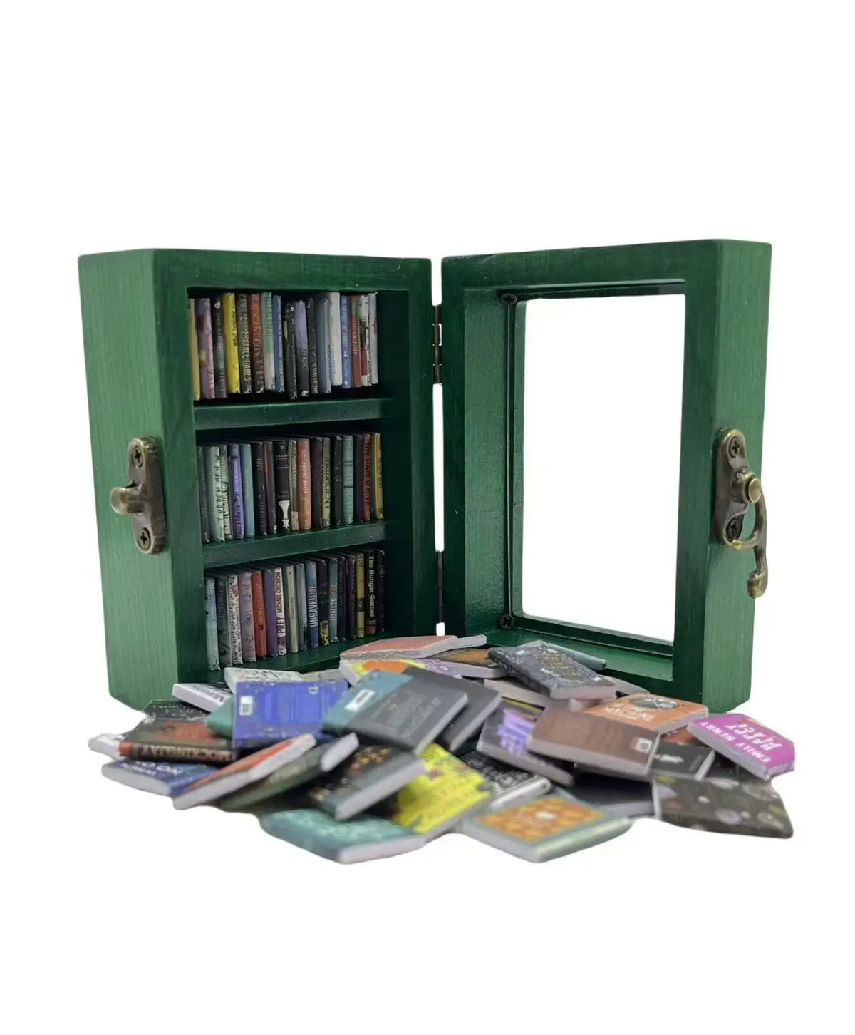A dark green wooden display cabinet with glass doors showing rows of books.