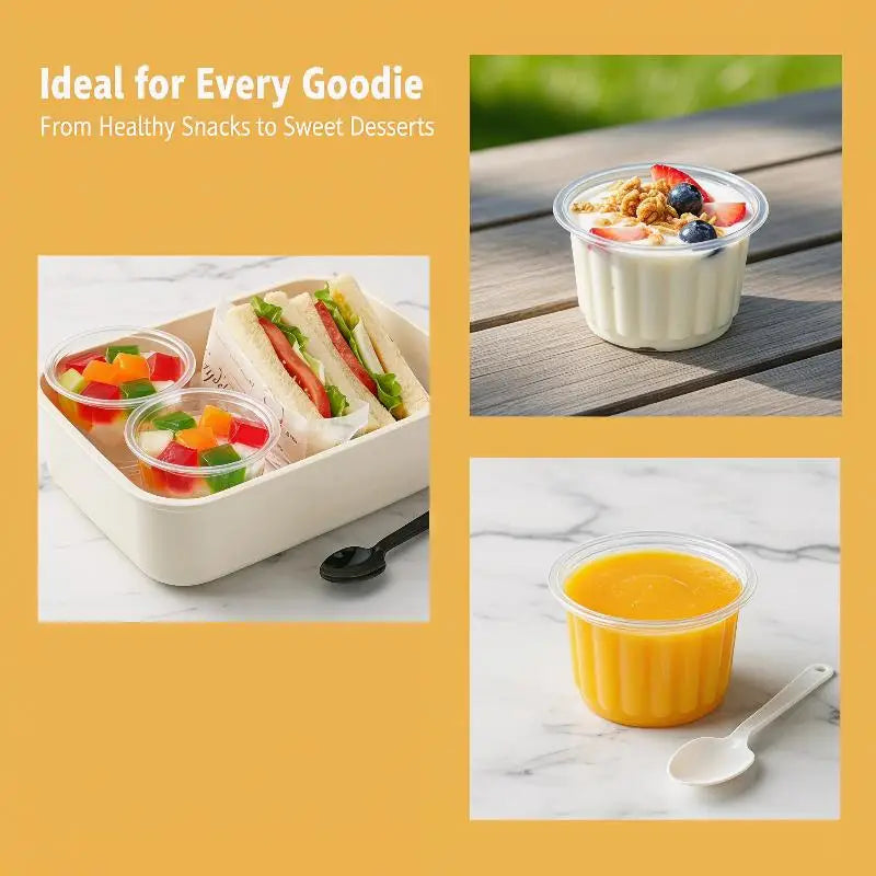 A display of clear disposable dessert cups with lids filled with various healthy snacks and desserts.