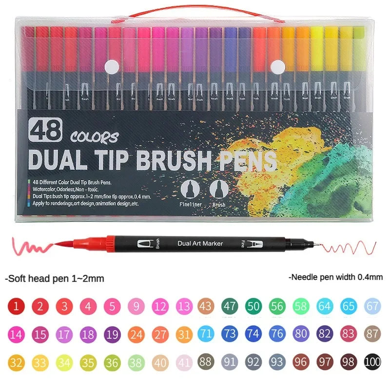 A set of 48 dual tip brush pens in various colors and sizes for art and design
