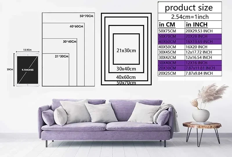 A purple wall art print featuring a funny Mona Lisa, displayed on a modern sofa.