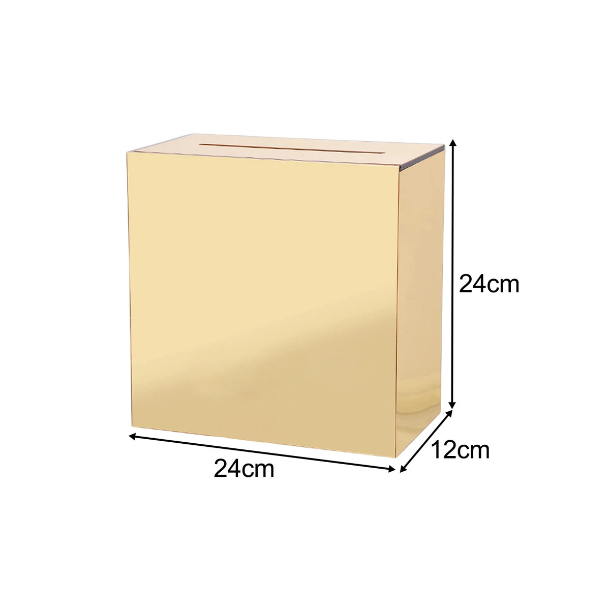 A rectangular gold-colored acrylic gift box with dimensions 24cm by 12cm.