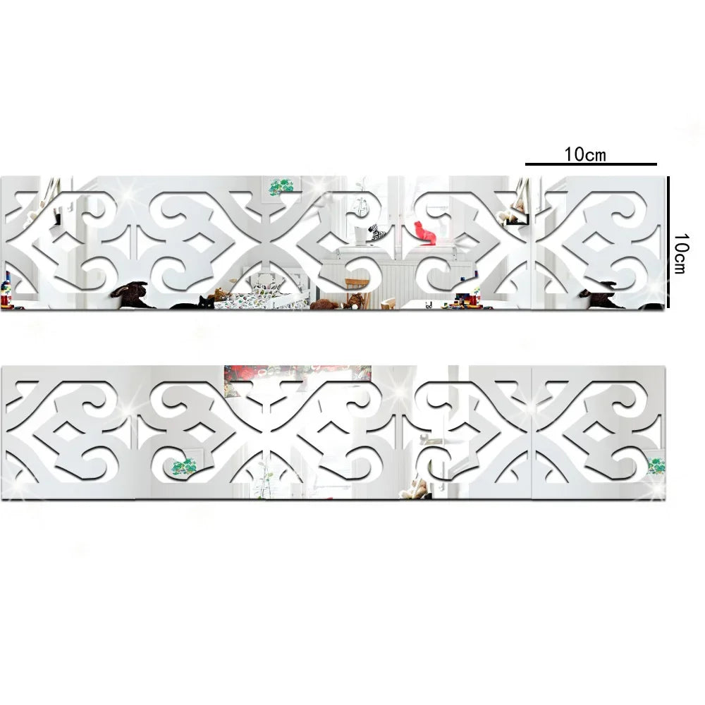 A set of 10 self-adhesive 3D acrylic mirror wall stickers featuring decorative edge and corner trim designs.