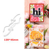 A set of floral love words stencil and stamp featuring the text hi love on a colorful card with pink roses.