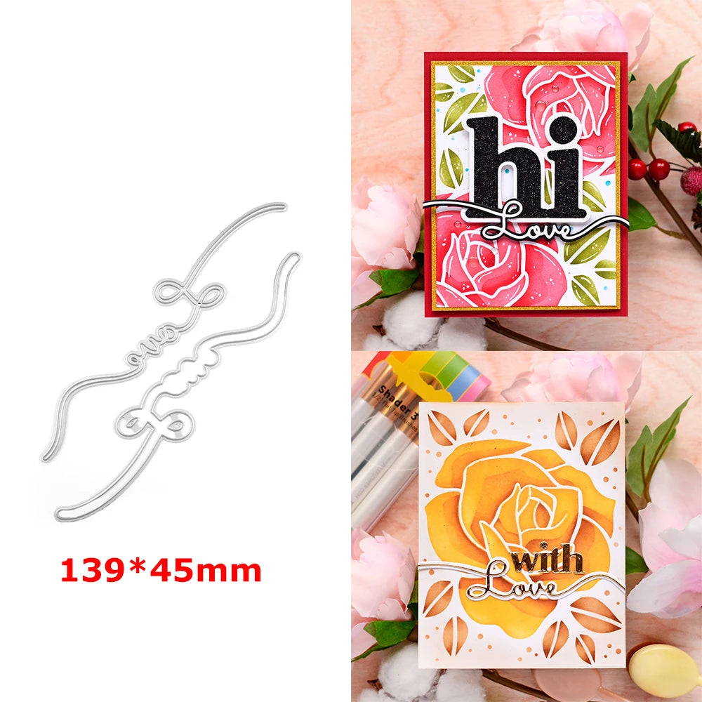 A set of floral love words stencil and stamp featuring the text hi love on a colorful card with pink roses.