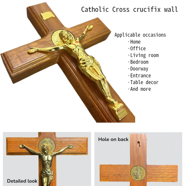 A wooden Catholic cross with a gold crucifix figure mounted on the wall.