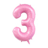 A pink foil number balloon shaped like the number three.