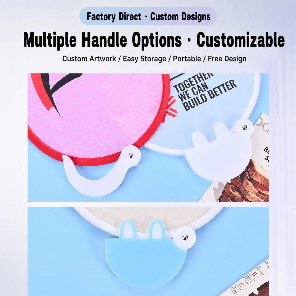 Multiple handle options customizable fabric hand fan with hanging chain in pink and blue colors