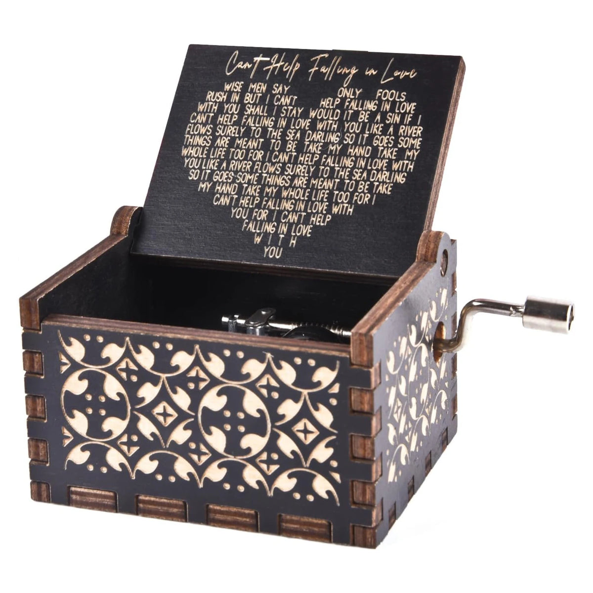 A dark wooden hand-cranked music box with an engraved lid featuring a poem about falling in love.