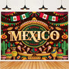 A vibrant Mexican fiesta photo backdrop featuring a sombrero, guitar, and cactus design with colorful flags and decorations.