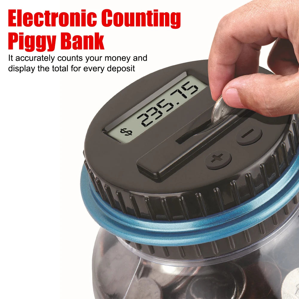 A hand is using an electronic counting piggy bank to deposit money, displaying the total amount.