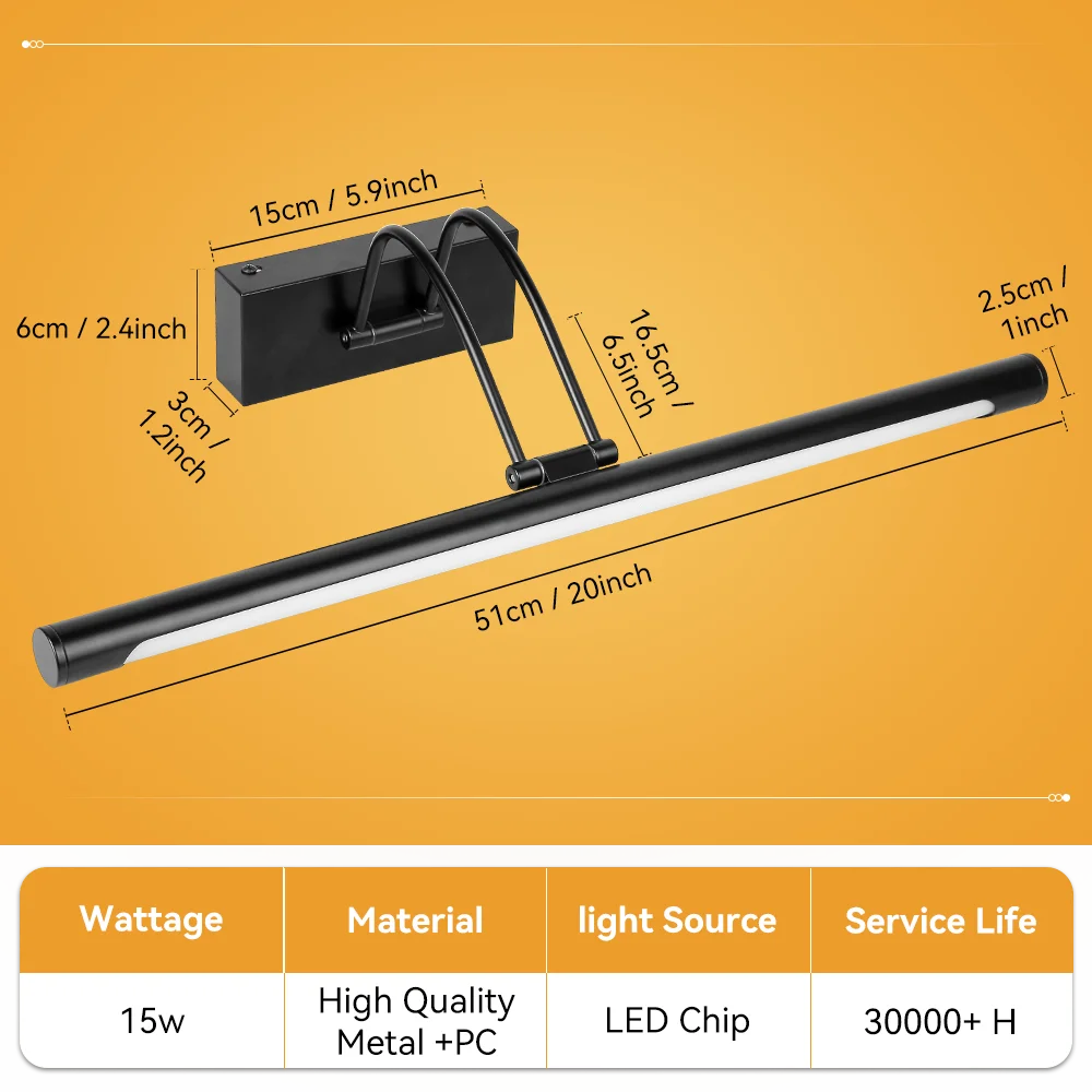 A black modern LED wall lamp with a long bar and swing arm is shown against an orange background.
