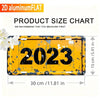 A yellow metal sign with the year 2023 painted on it, shown next to a size chart.