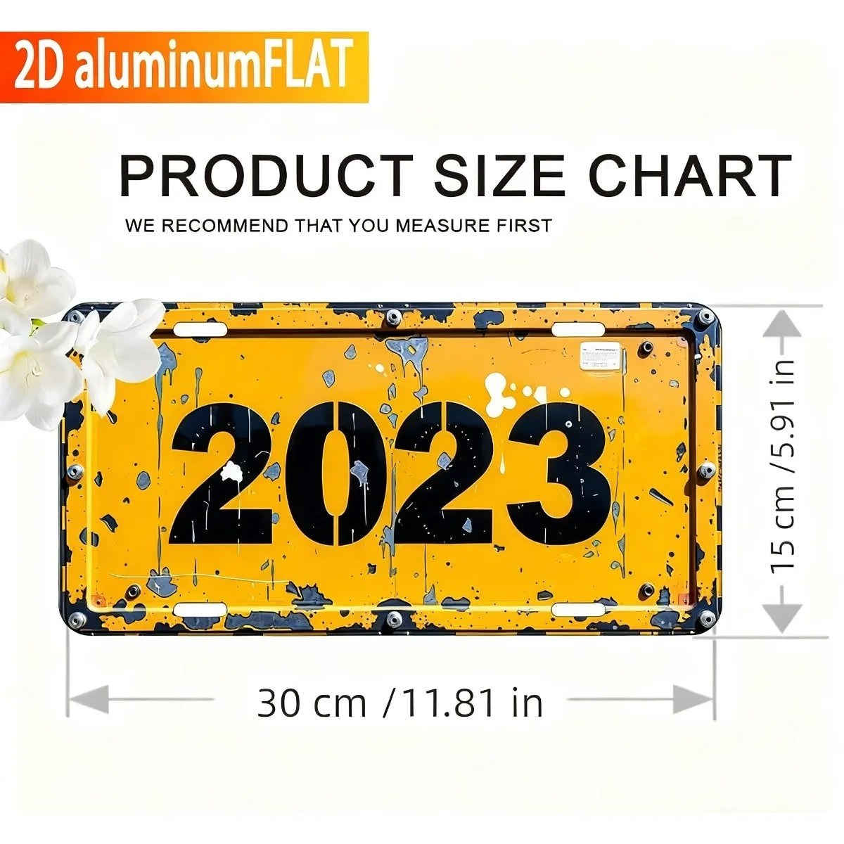 A yellow metal sign with the year 2023 painted on it, shown next to a size chart.