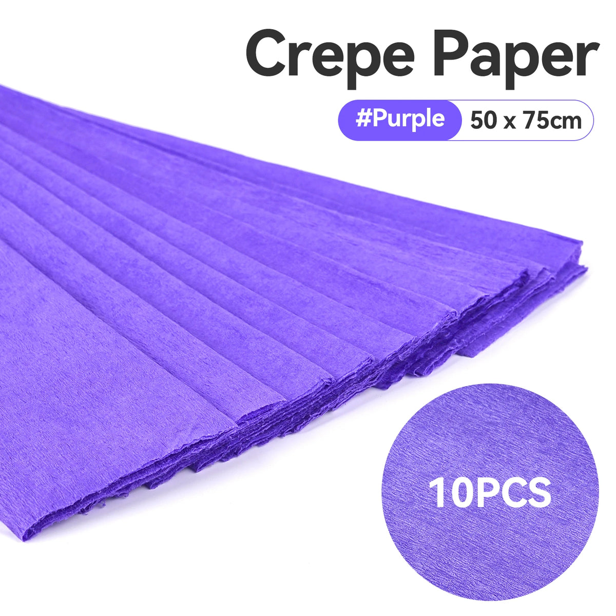 A stack of purple crepe paper sheets, 10 pieces, shown in a close-up view.