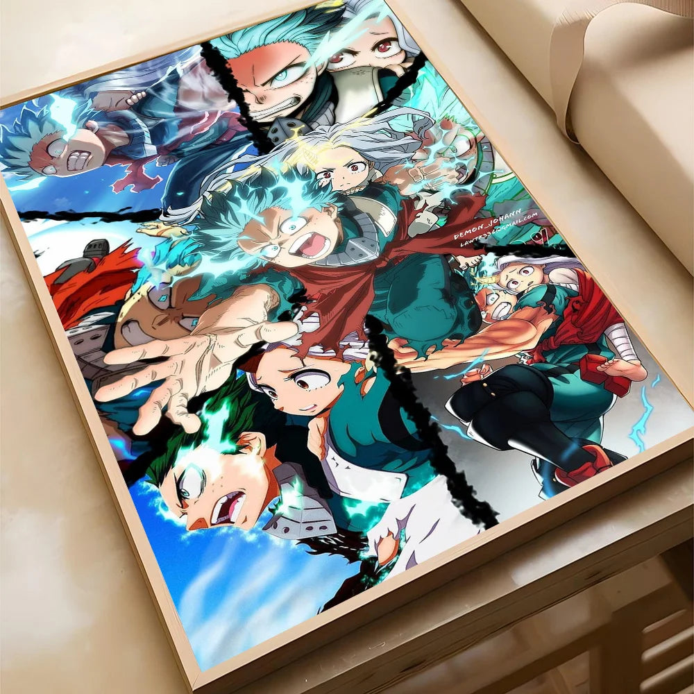 A vibrant poster featuring multiple characters from My Hero Academia, including Deku, displayed in a wooden frame.