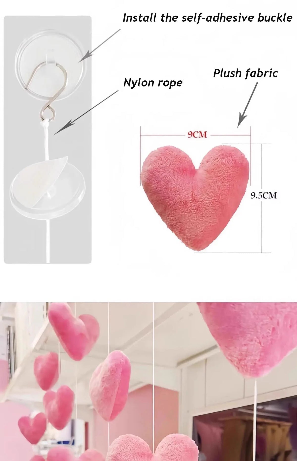Pink heart-shaped fabric door curtain hanging with nylon rope and self-adhesive buckle