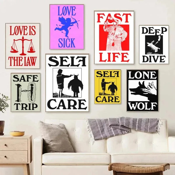 Colección de impresiones artísticas en lienzo con citas vintage como 'El amor es la ley', 'Vida rápida', 'Inmersión profunda'