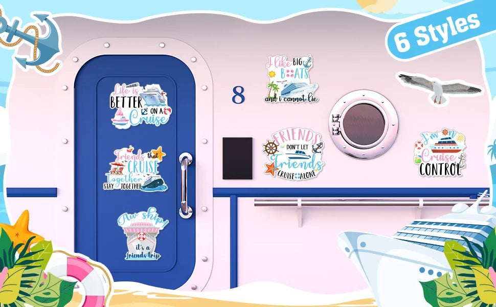 A pink wall features a blue cruise door decoration, magnetic friends set, and various nautical and travel-themed items.