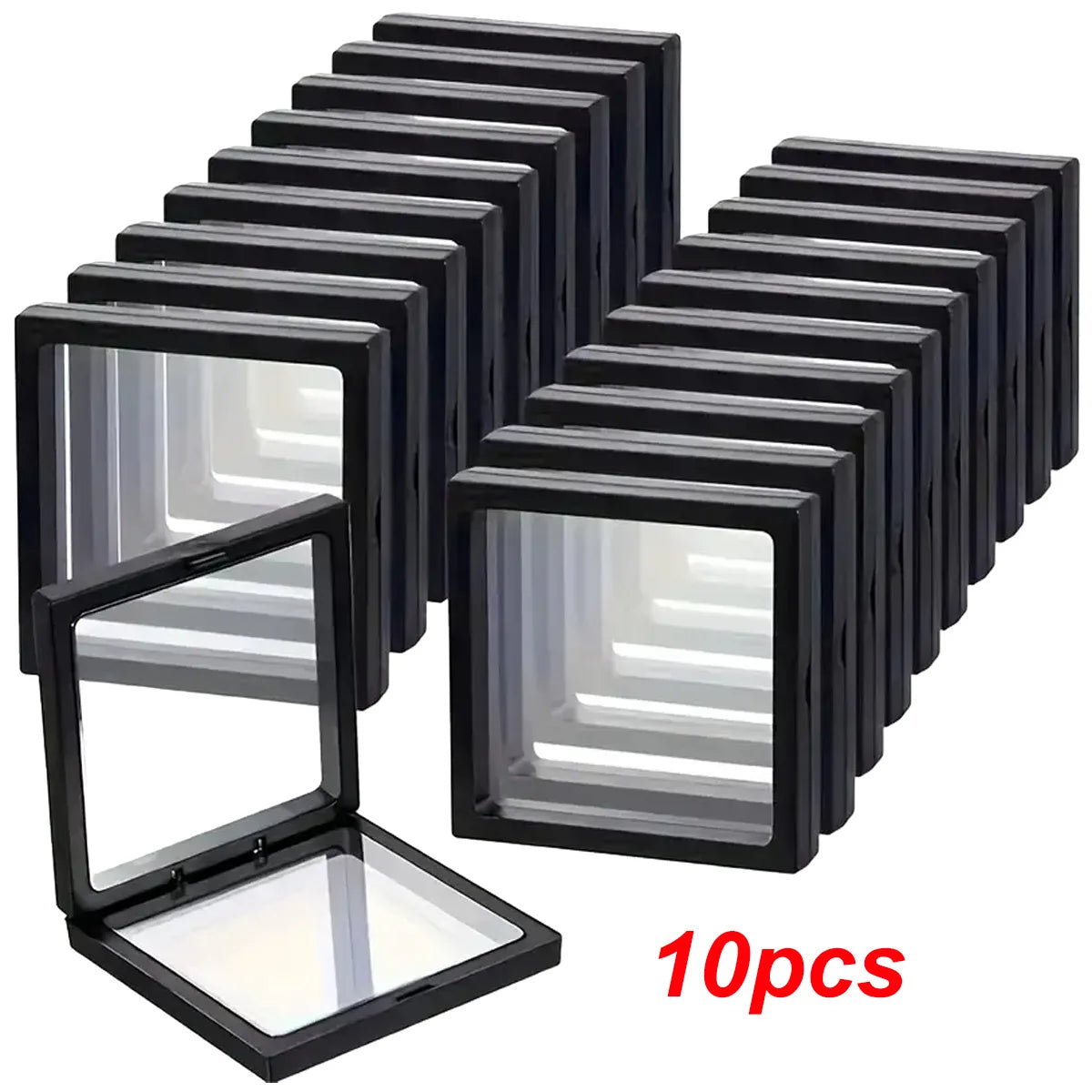 A set of ten transparent floating display boxes with black frames for jewelry and collectibles