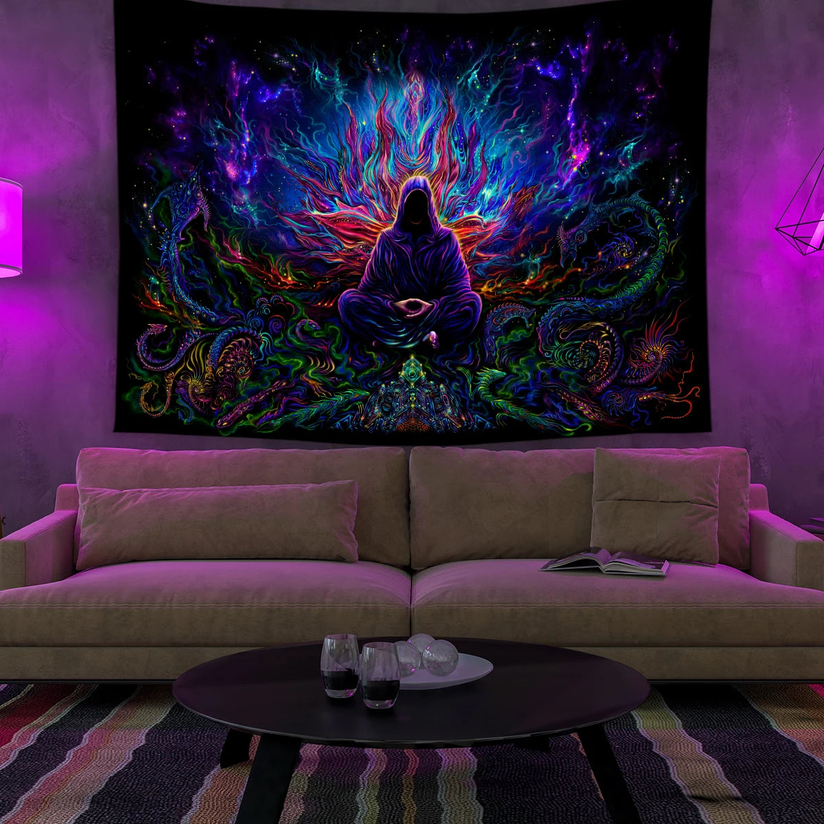 A dark tapestry featuring a glowing figure surrounded by vibrant purple, blue, and green psychedelic light.